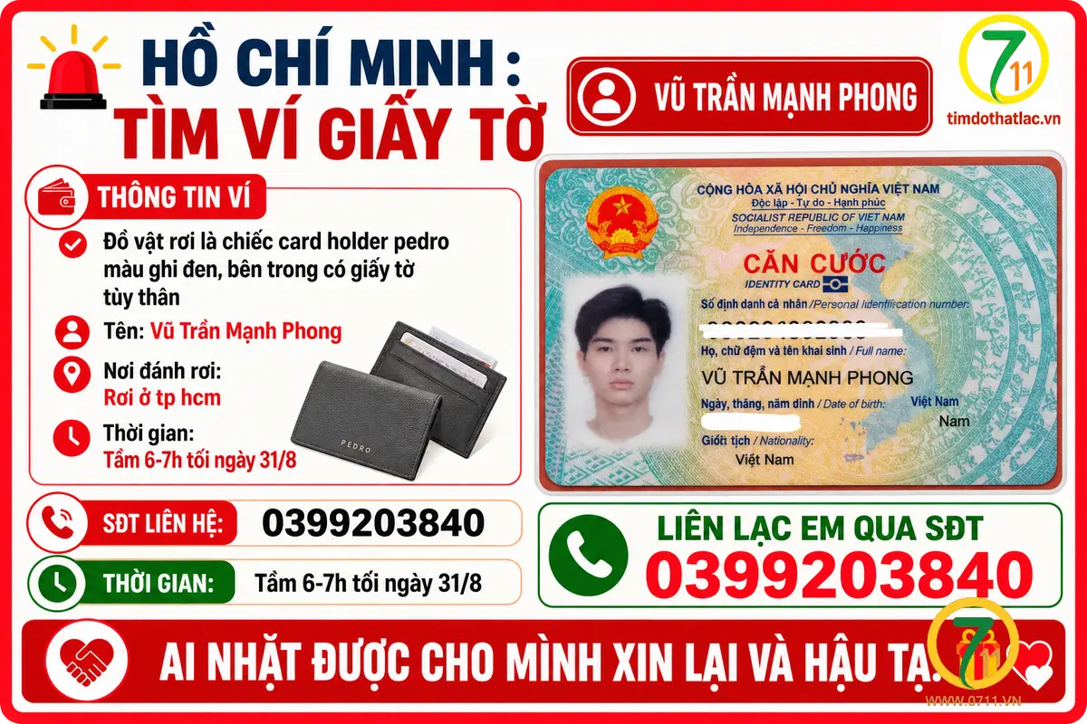 ‼️ Hồ Chí Minh : Tìm ví giấy tờ có tên Vũ Trần Mạnh Phong