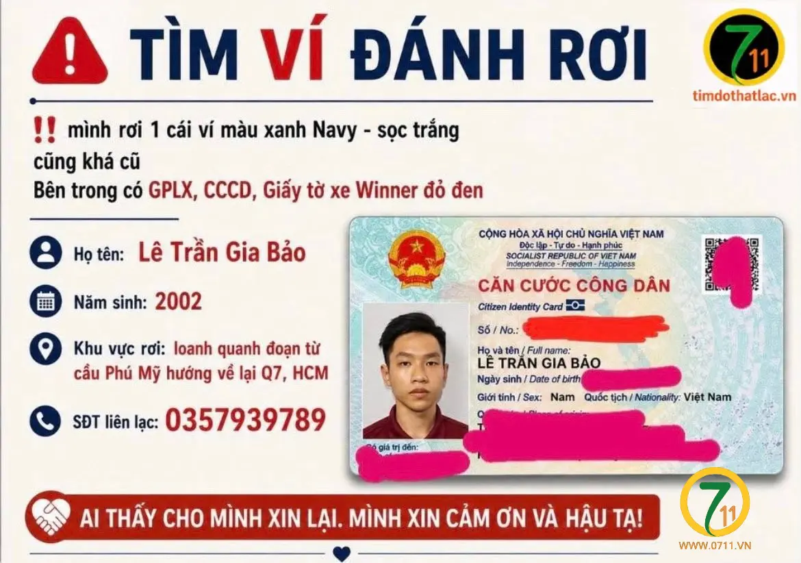 ‼️Hồ Chí Minh : Tìm ví giấy tờ có tên Lê Trần Gia Bảo