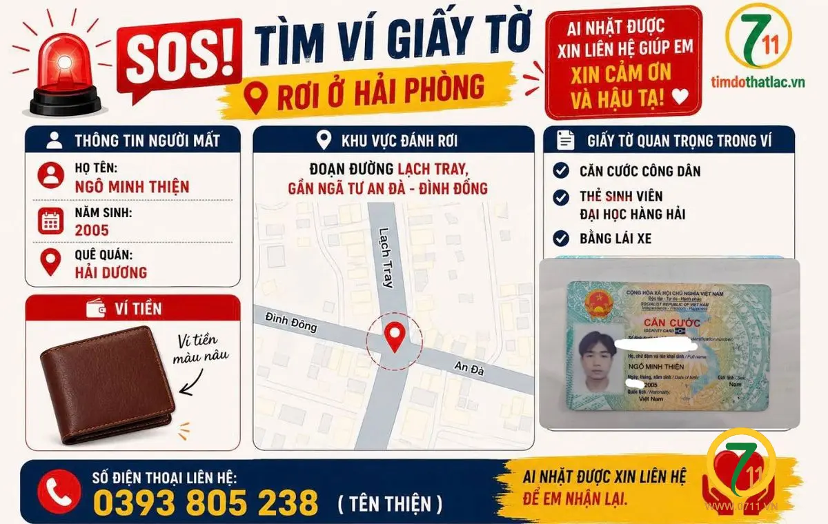 🆘 Tìm ví giấy tờ rơi ở Hải Phòng tên Ngô Minh Thiện 2005 Hải Dương