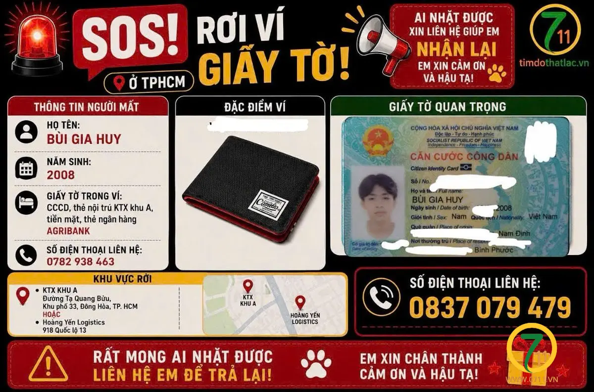 🆘 TPHCM - Rơi ví giấy tờ tên Bùi Gia Huy 2008