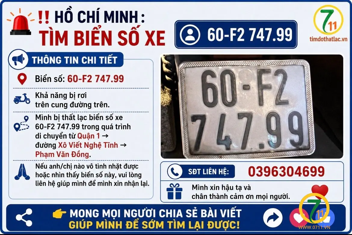 ‼️ Hồ Chí Minh : Tìm biển số xe 60-F2 747.99
