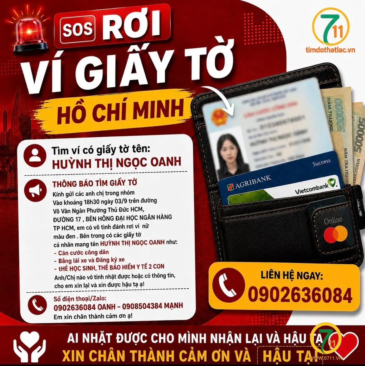 ‼️Hồ Chí Minh:  Tìm ví có giấy tờ tên HUỲNH THỊ NGỌC OANH