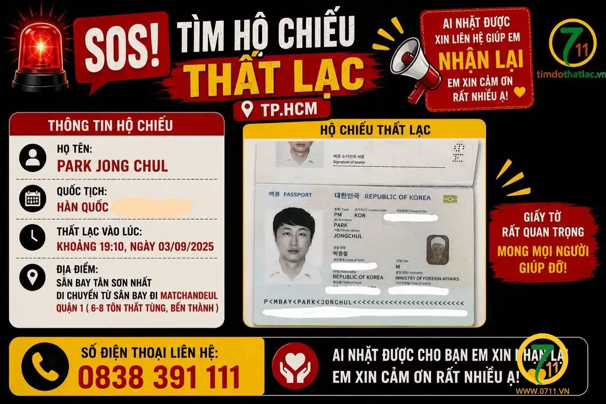 🆘 TPHCM 🆘 TÌM HỘ CHIẾU tên PARK JONG CHUL