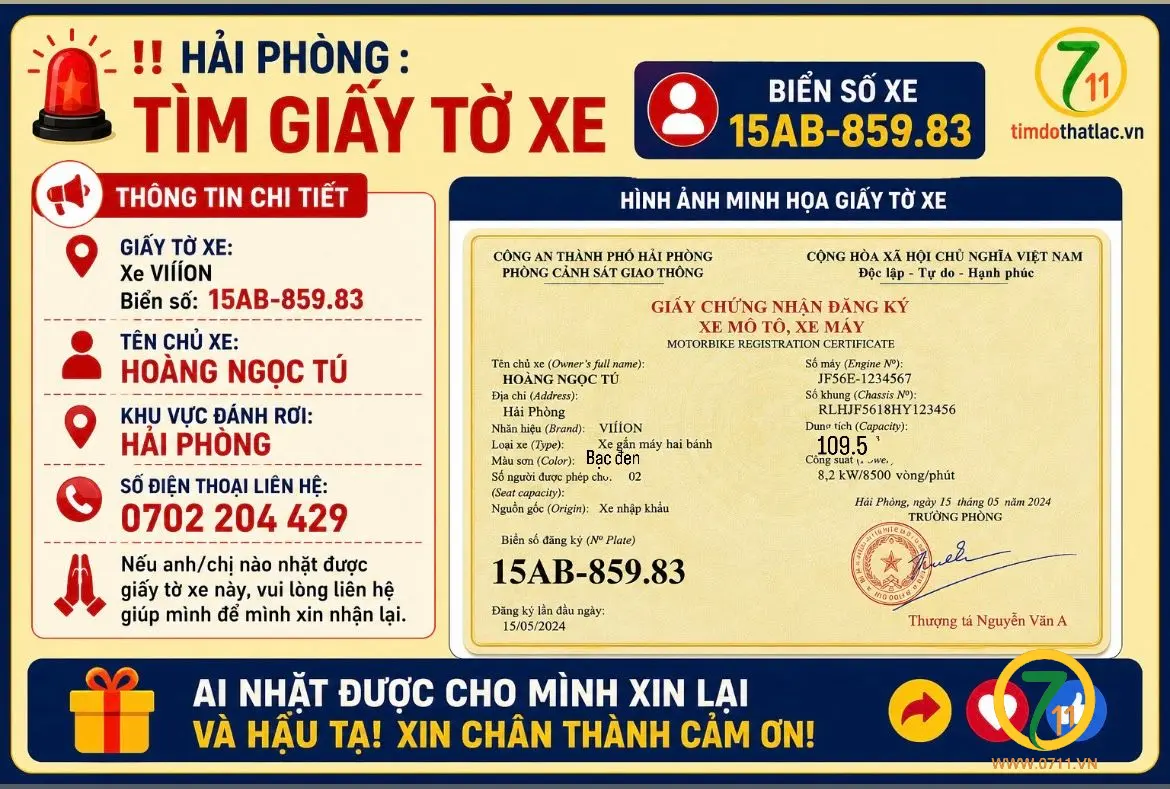 ‼️ Hải Phòng : Tìm giấy tờ xe Biển 15AB-859.83l