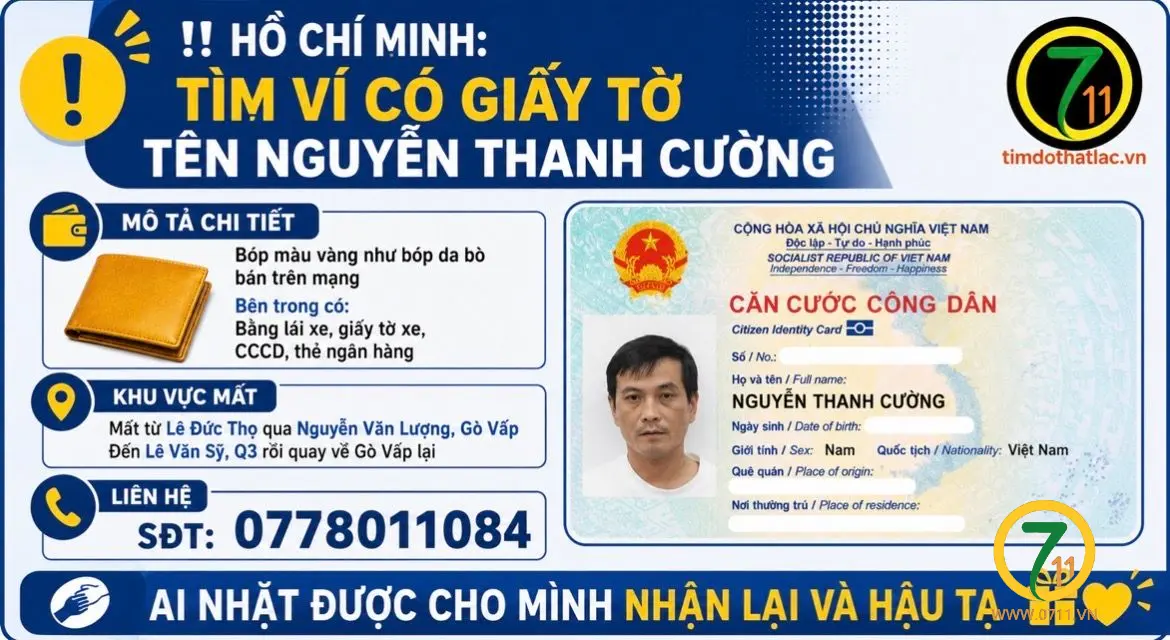 ‼️Hồ Chí Minh:  Tìm ví có giấy tờ tên Nguyễn Thanh Cường