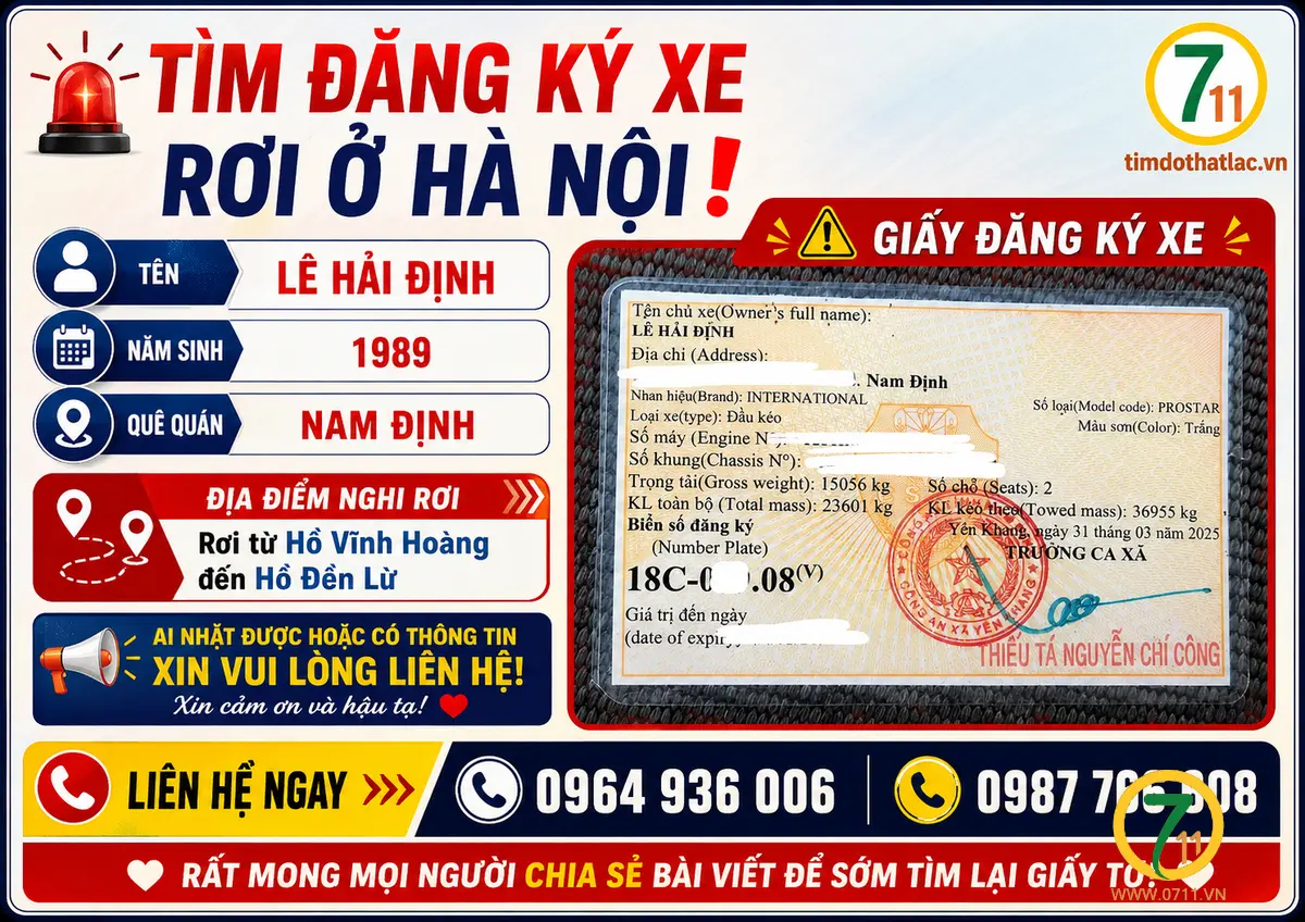 🆘 TÌM ĐĂNG KÝ XE RƠI Ở HÀ NỘI tên Lê Hải Định 1989 quê Nam Định