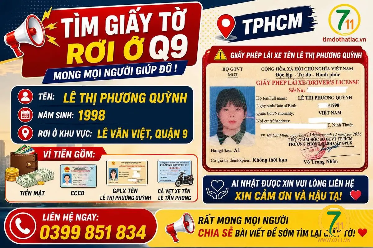 🆘 TPHCM - TÌM GIẤY TỜ RƠI Ở Q9 tên Lê Thị Phương Quỳnh 1998