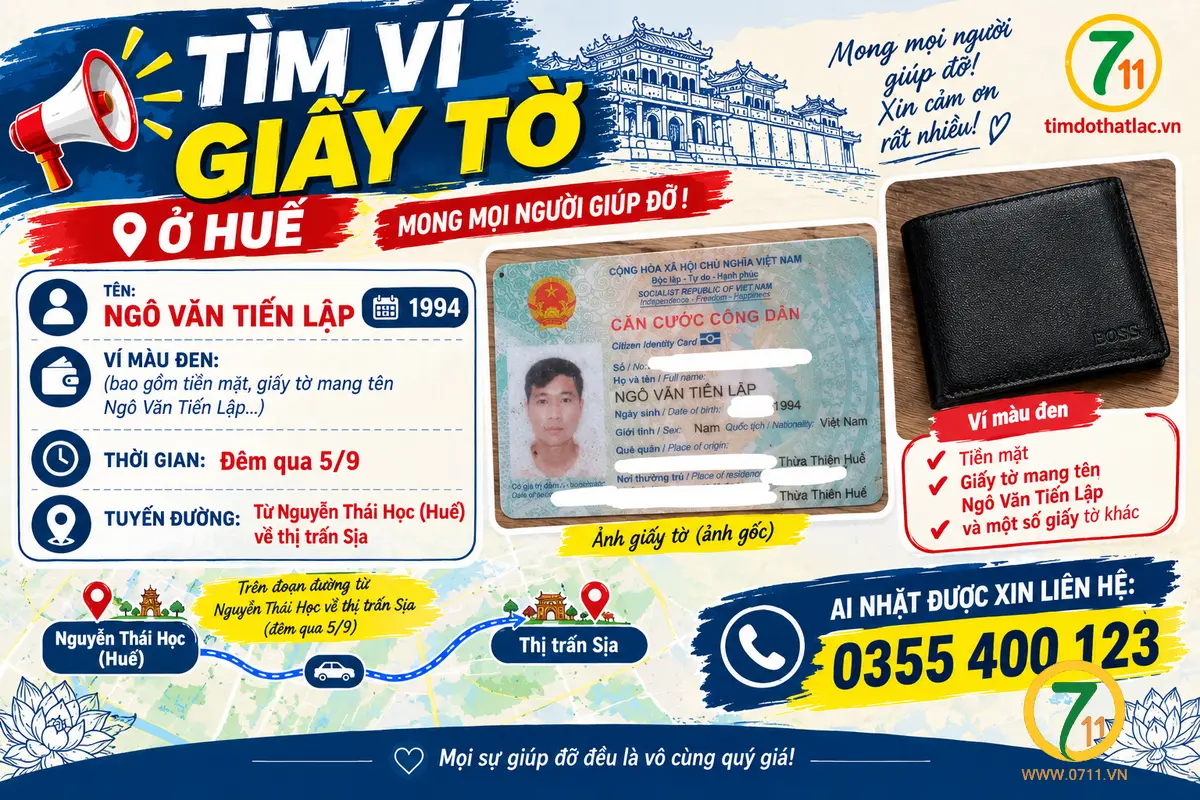 ⚡️ HUẾ ⚡️ Rơi ví giấy tờ tên Ngô Văn Tiến Lập 1994