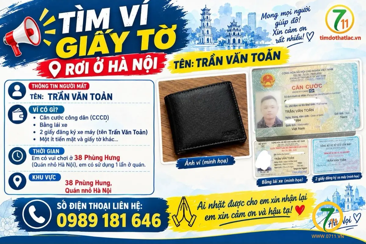 🆘 TÌM VÍ GIẤY TỜ RƠI Ở HÀ NỘI tên Trần Văn Toản