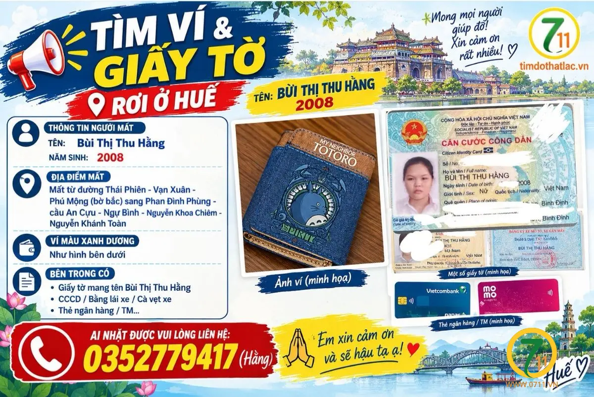 🚨 TÌM VÍ & GIẤY TỜ rơi ở HUẾ tên  Bùi Thị Thu Hằng 2008
