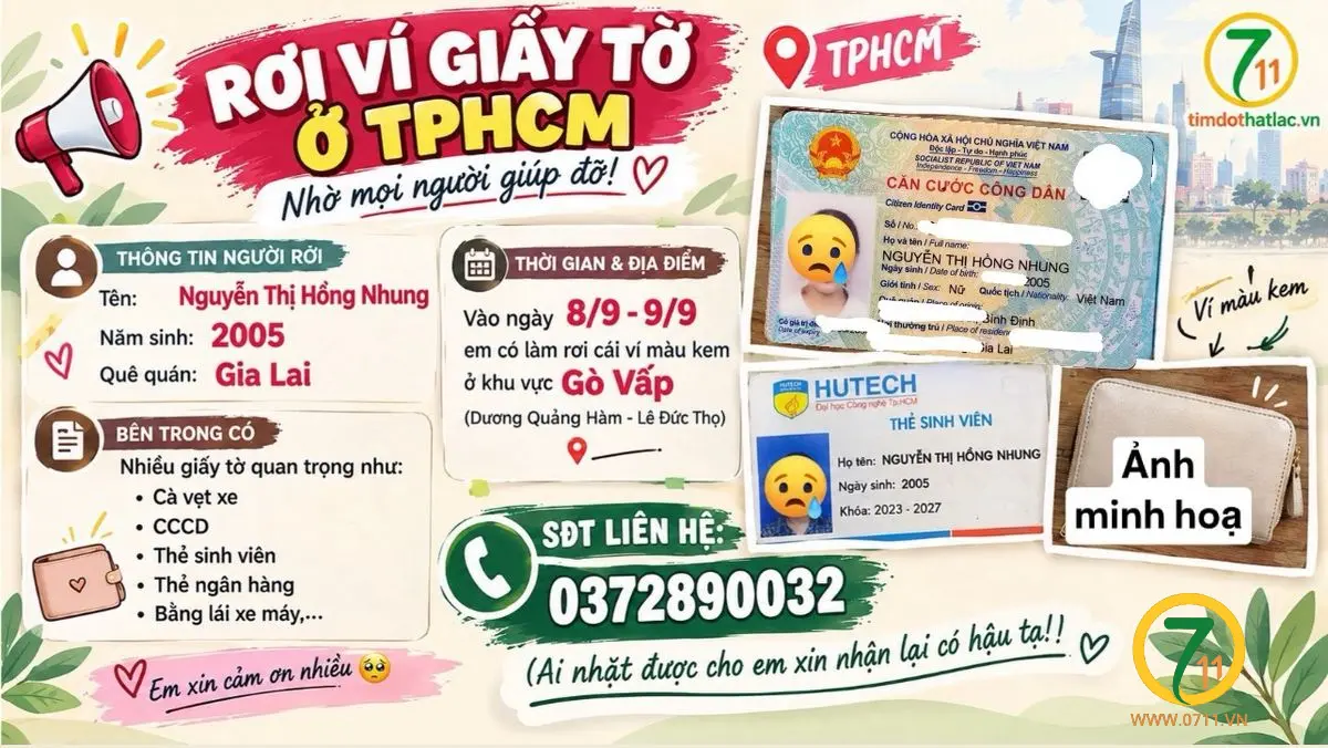 🆘 Rơi ví giấy tờ ở TPHCM tên Nguyễn Thị Hồng Nhung 2005 quê Gia Lai