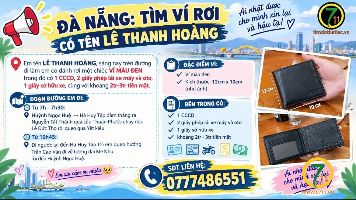 ‼️  Đà Nẵng: Tìm ví giấy tờ có tên Lê Thanh Hoàng
