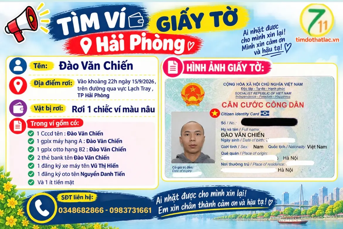 ‼️  Hải Phòng: Tìm ví giấy tờ có tên Đào Văn Chiến