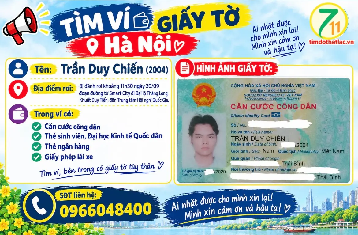 ‼️Hà Nội: Tìm ví giấy tờ có tên Trần Duy Chiến