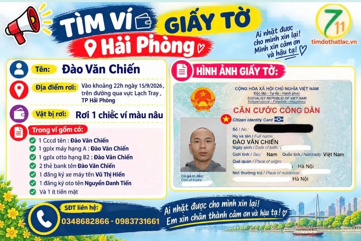 ‼️ : Tìm ví giấy tờ có tên Đào Văn Chiến rơi tại Hải Phòng
