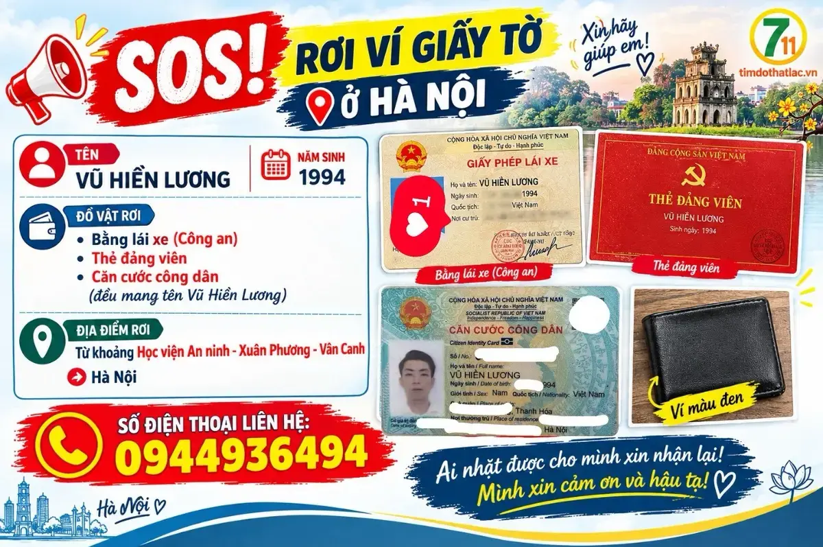 🆘 Rơi ví giấy tờ ở Hà Nội tên Vũ Hiền Lương 1994