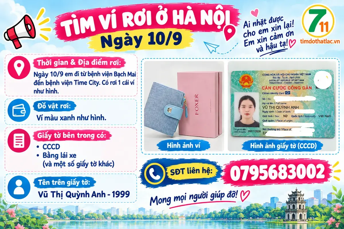 Rơi ví ở Hà Nội tên Vũ Thị Quỳnh Anh 1999