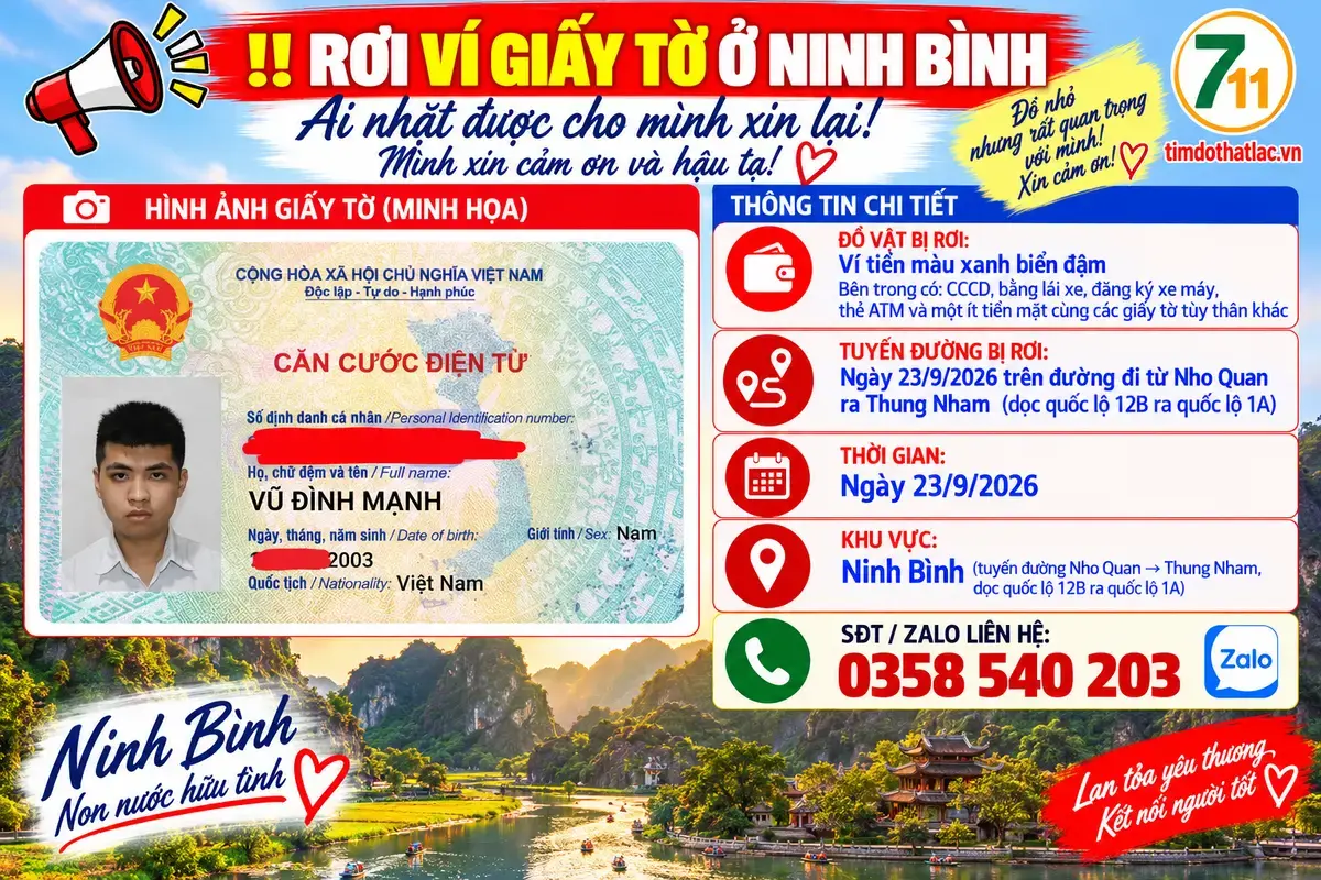 🆘 Rơi ví giấy tờ ở Ninh Bình tên Vũ Đình Mạnh