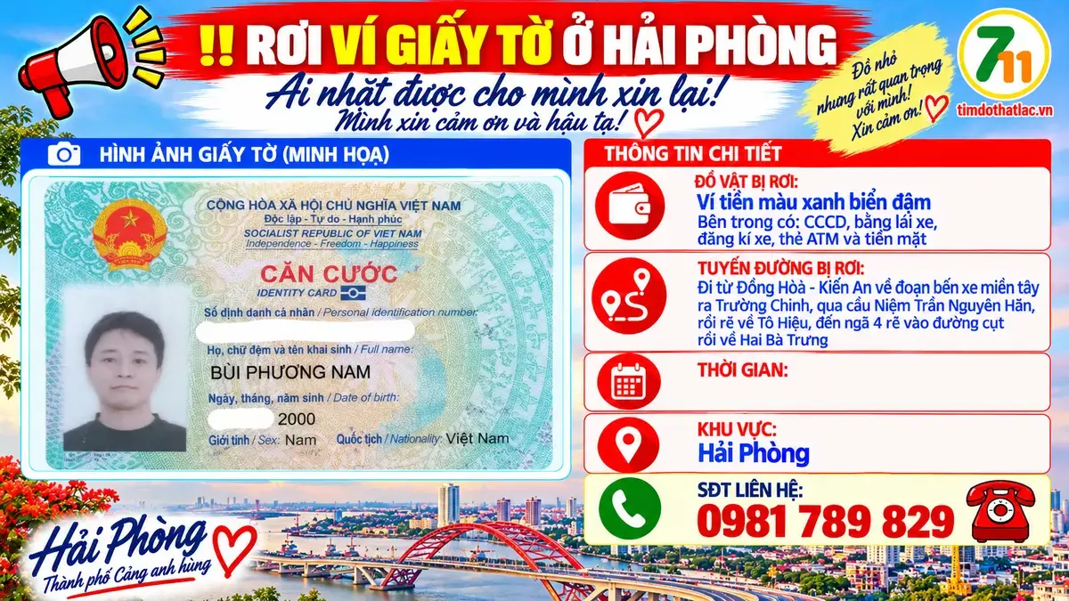 🆘 RƠI VÍ GIẤY TỜ Ở HẢI PHÒNG TÊN BÙI PHƯƠNG NAM 2000