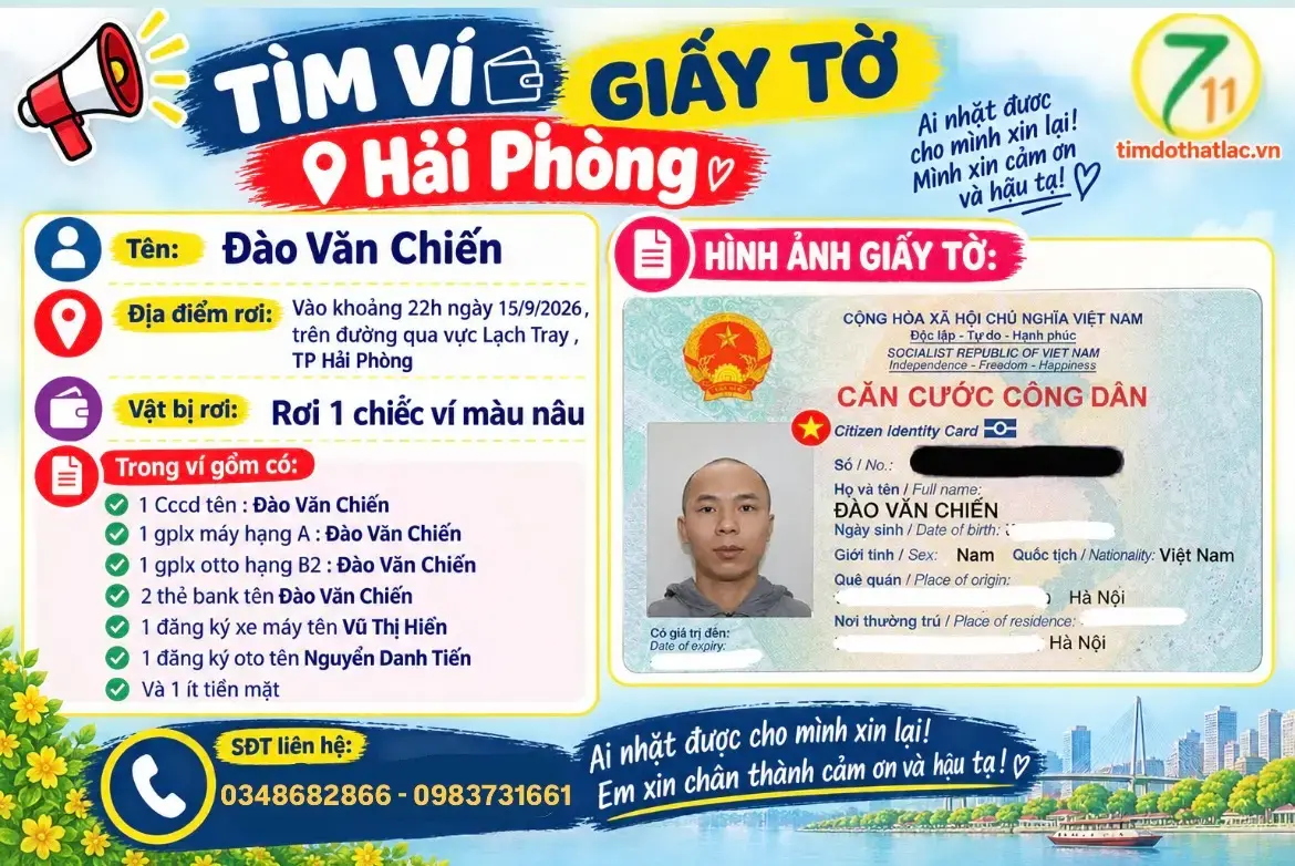 ‼️  Hải Phòng: Tìm ví giấy tờ có tên Đào Văn Chiến