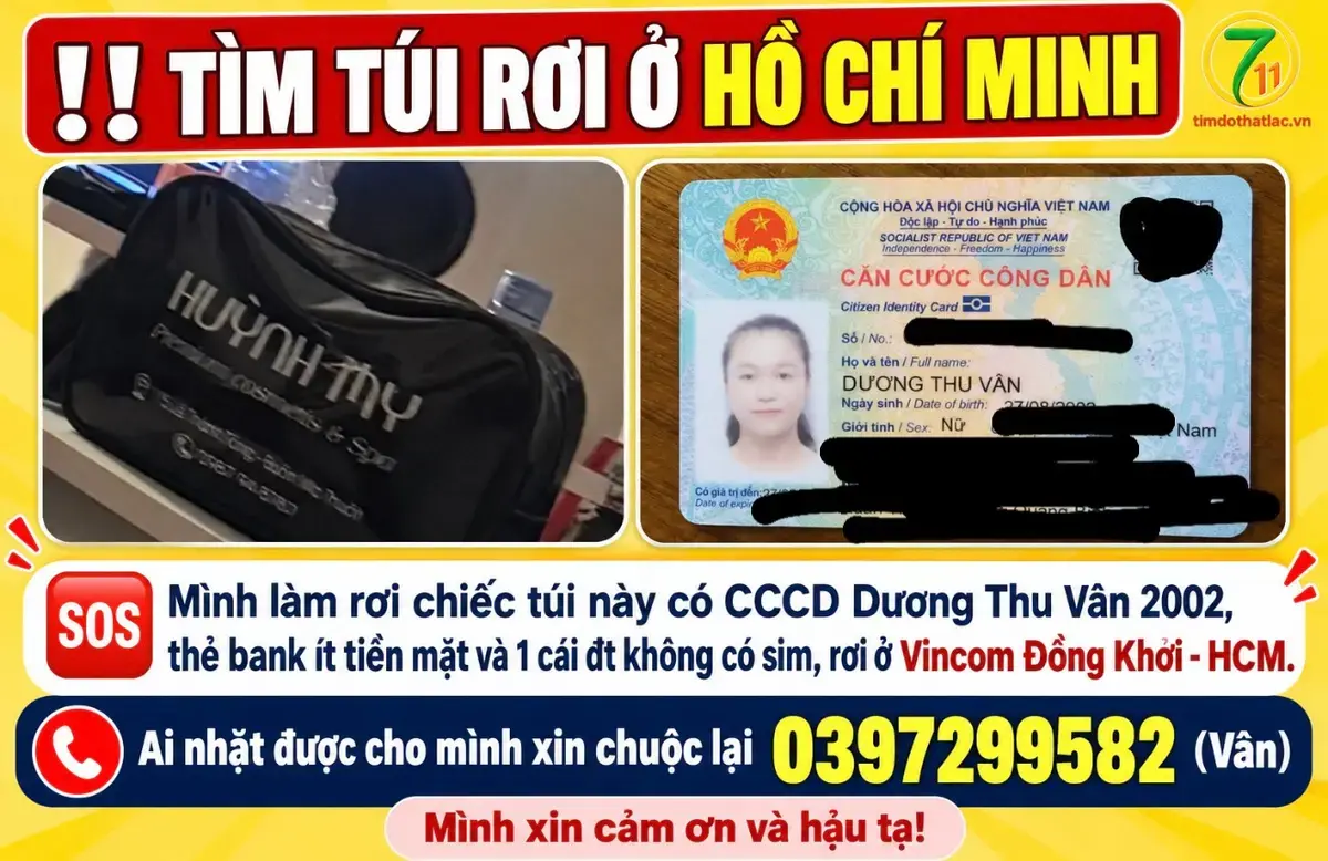 Tìm chuộc túi rơi ở Hồ Chí Minh tên Dương Thu Vân