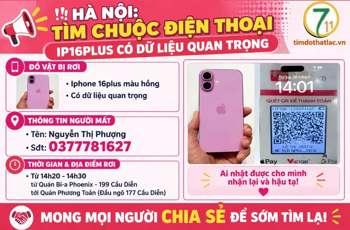 ‼️ Hà Nội : Tìm chuộc điện thoại ip16plus có dữ liệu quan trọng
