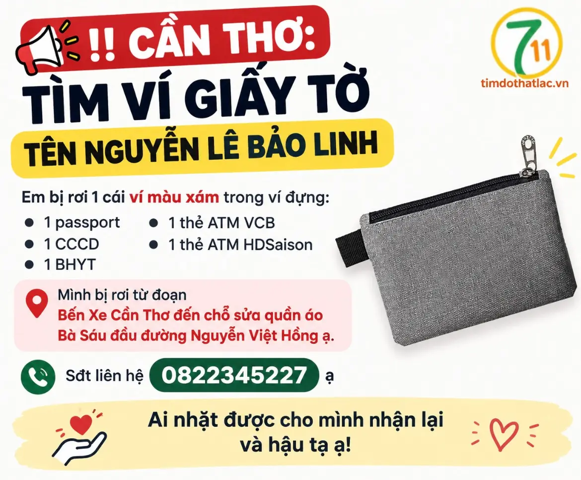 ‼️Cần Thơ: Tìm ví giấy tờ tên Nguyễn Lê Bảo Linh