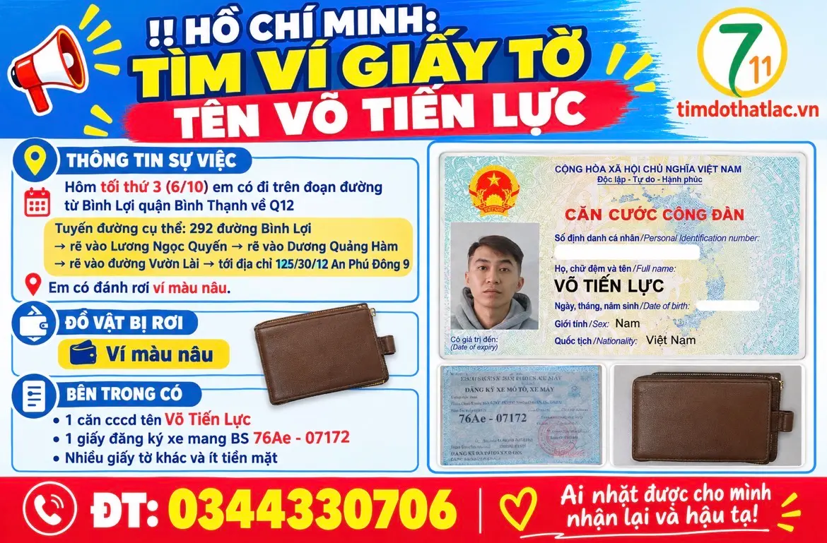 ‼️ Hồ Chí Minh : Tìm ví giấy tờ tên Võ Tiến Lực