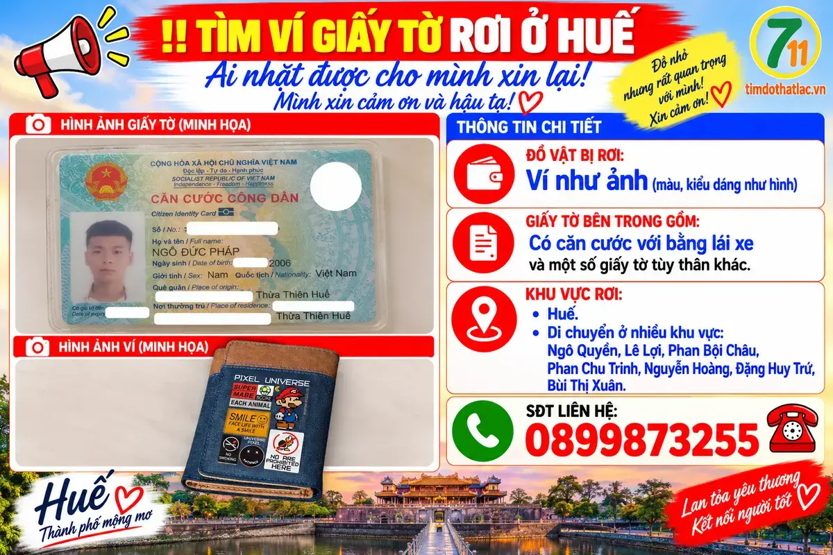🆘 TÌM VÍ GIẤY TỜ RƠI Ở HUẾ TÊN NGÔ ĐỨC PHÁP 2006