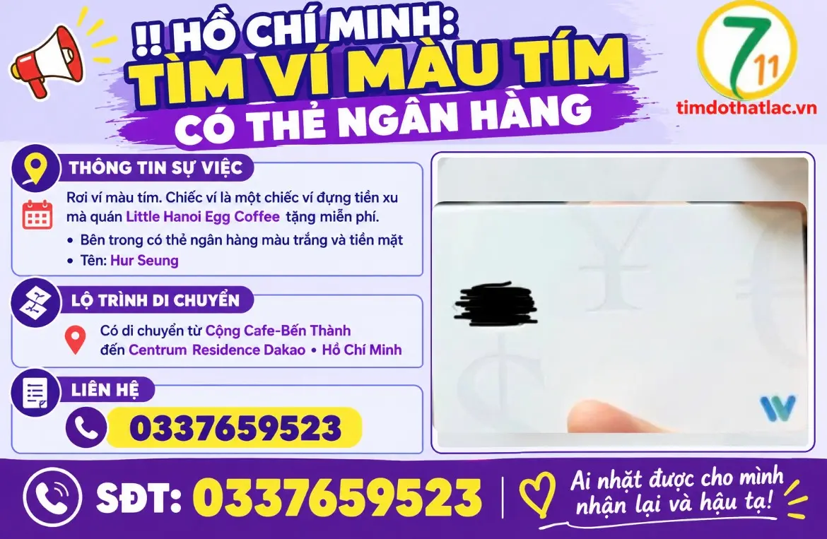 ‼️ Hồ Chí Minh : Tìm ví màu tím có thẻ ngân hàng