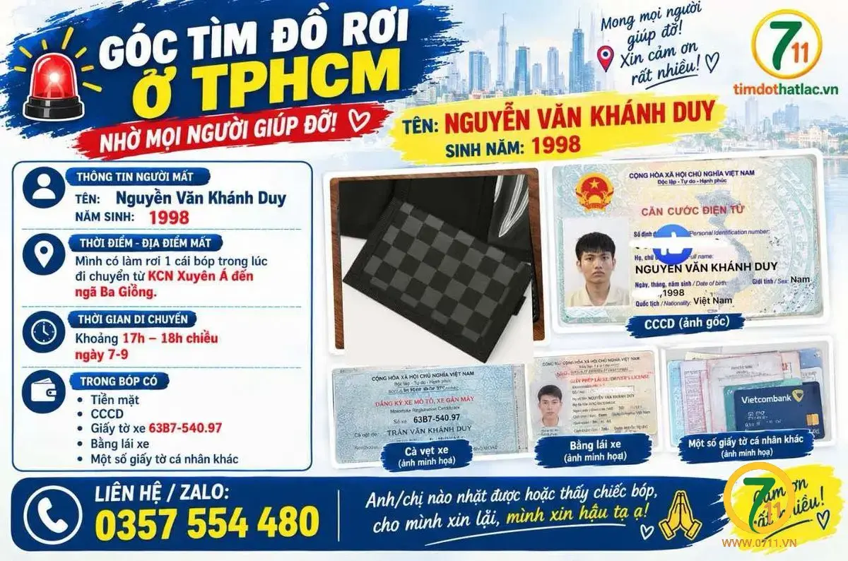 🚨 GÓC TÌM ĐỒ RƠI ở TPHCM tên Nguyễn Văn Khánh Duy 1998 🚨