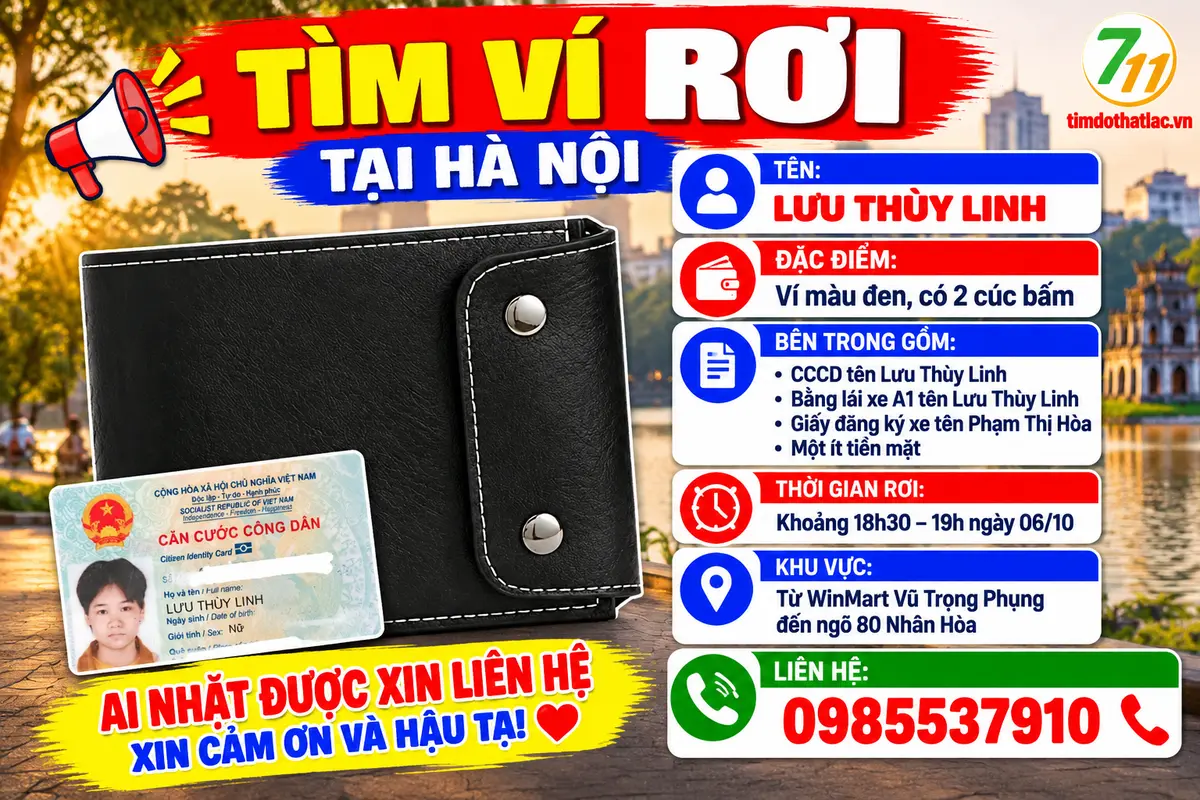 📌 rơi ví tại Hà Nội tên Lưu Thùy Linh