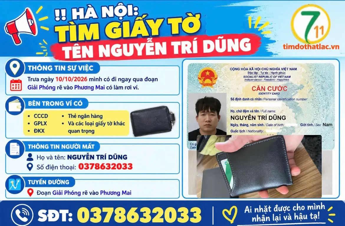 ‼️Hà Nội: Tìm ví giấy tờ tên Nguyễn Trí Dũng