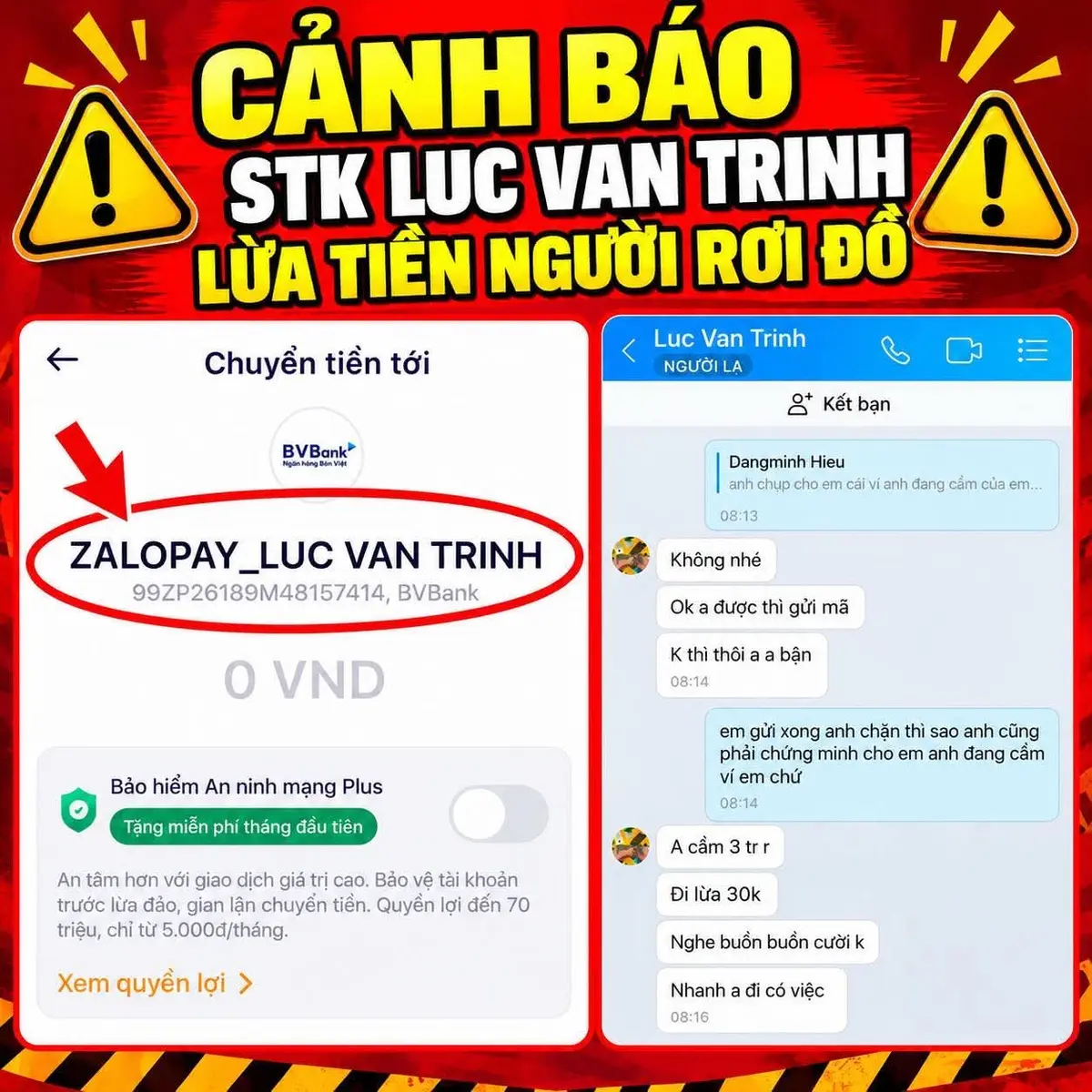 Cảnh báo STK tên LUC VAN TRINH lừa đảo người rơi đồ