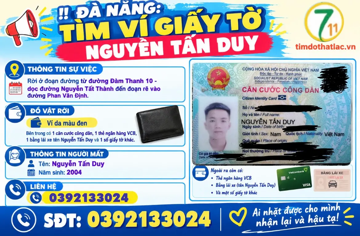 ‼️Đà Nẵng: Tìm ví giấy tờ tên Nguyễn Tấn Duy