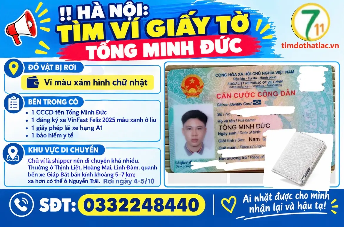 ‼️Hà Nội: Tìm ví giấy tờ tên Tống Minh Đức