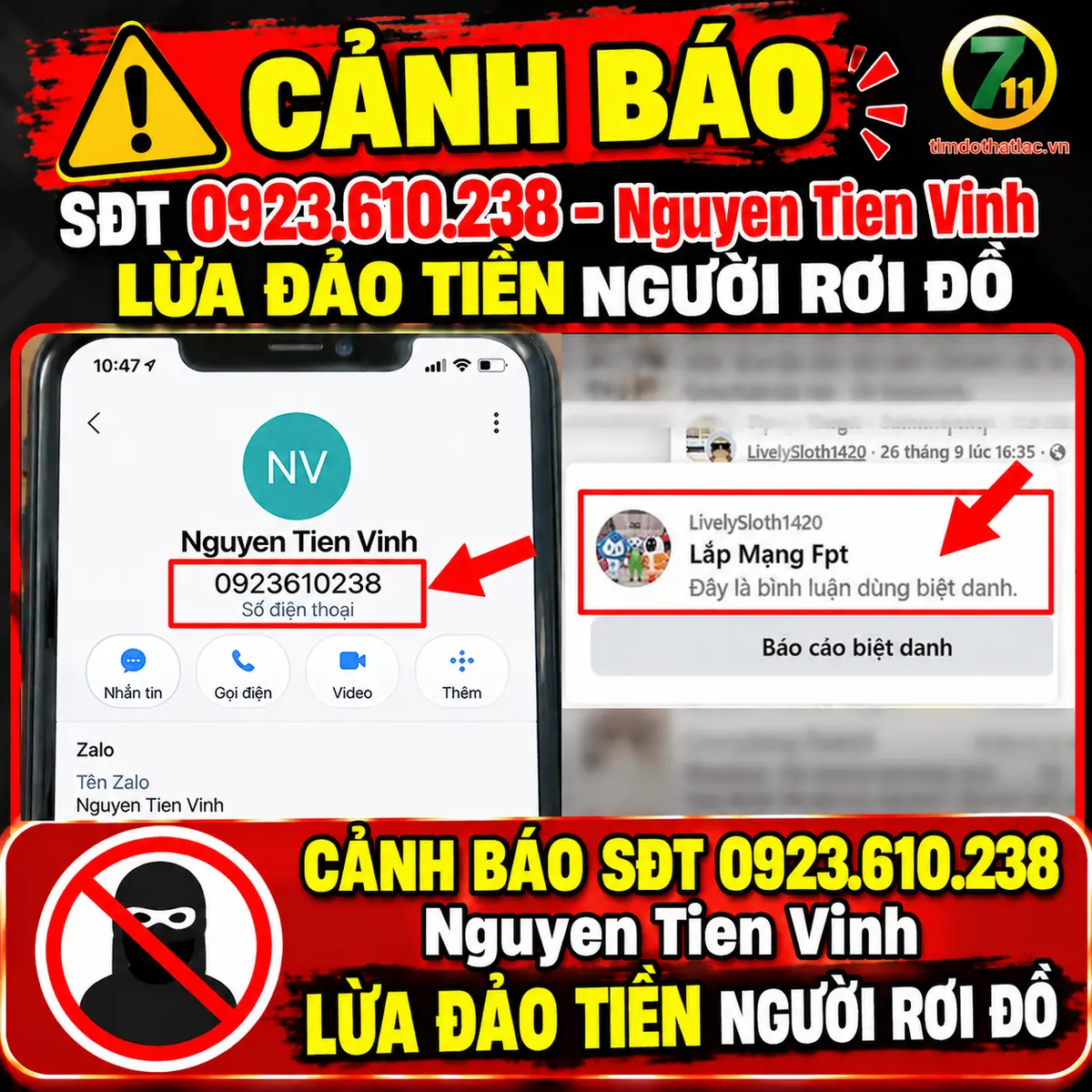 Cảnh báo 0923.610.238 - NGUYEN TIEN VINH lợi dụng nhà mạng sim số lừa đảo tiền của người rơi đồ