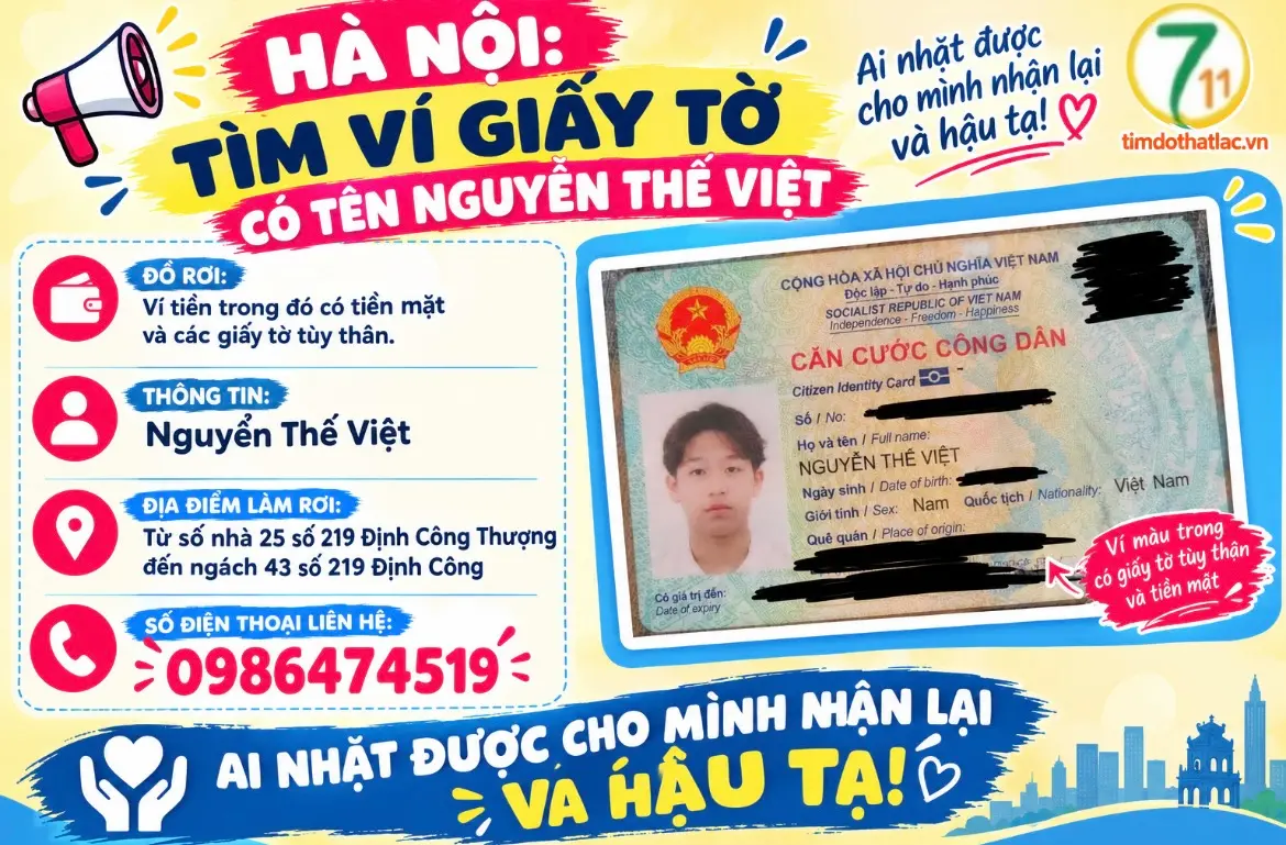‼️ Hà Nội  :  Tìm ví giấy tờ có tên Nguyễn Thế Việt
