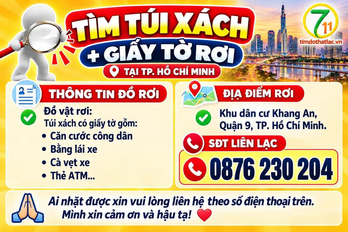🆘 TÌM TÚI XÁCH + GIẤY TỜ RƠI Ở TPHCM tên BÙI ĐỨC HOÀ
