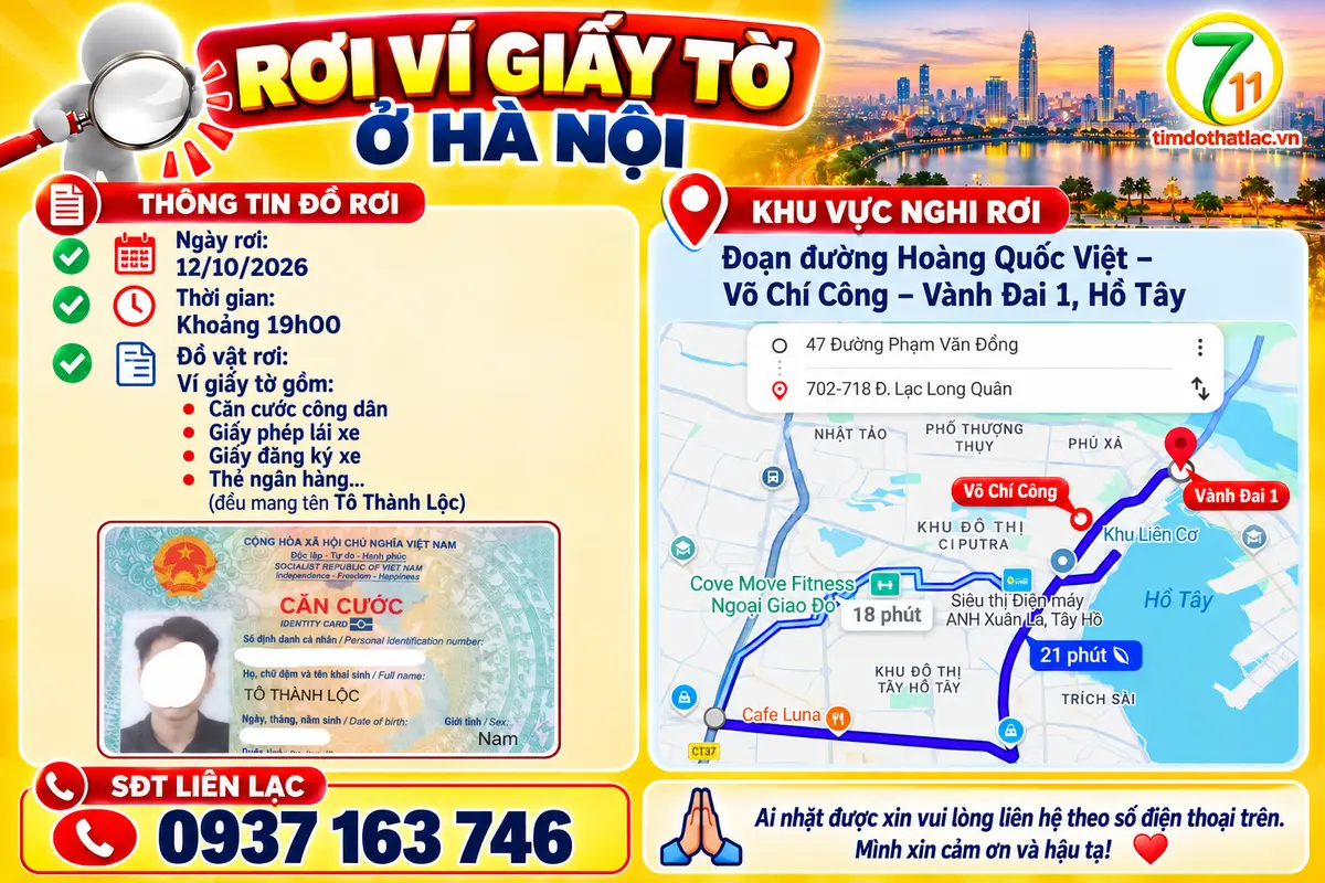 🆘 RƠI VÍ GIẤY TỜ Ở HÀ NỘI TÊN Tô Thành Lộc