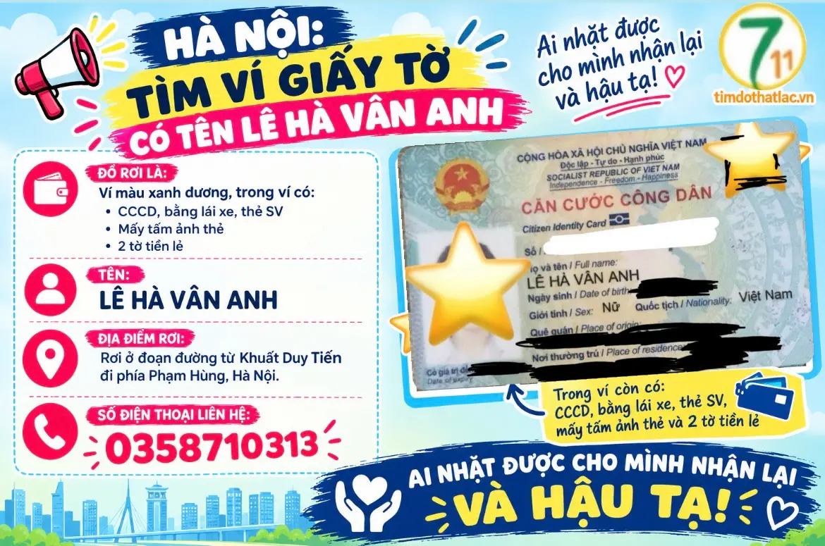 ‼️ Hà Nội  :  Tìm ví giấy tờ có tên Lê Hà Vân Anh