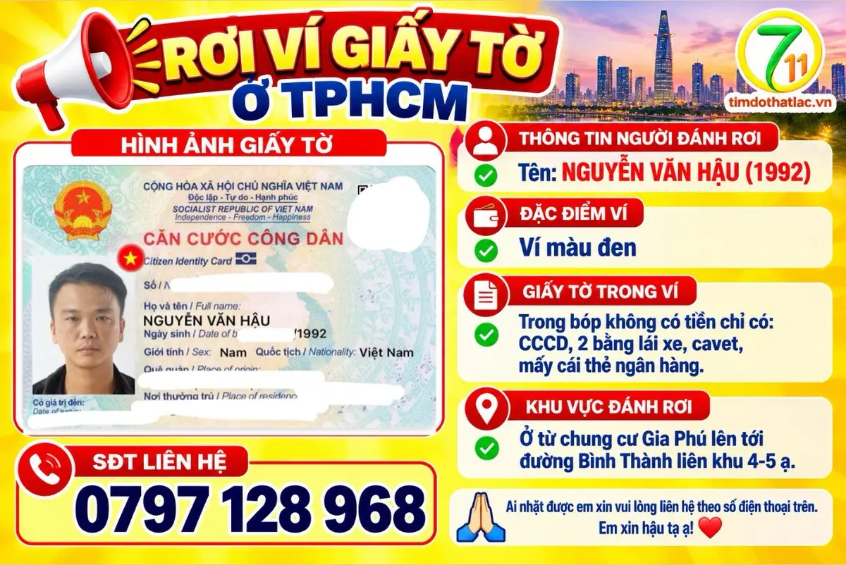 🆘 Rơi ví giấy tờ ở TPHCM tên Nguyễn Văn Hậu 1992