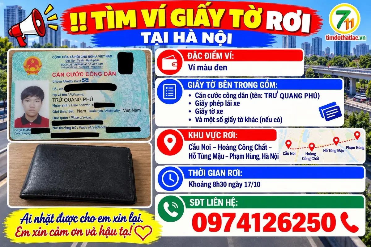 🆘 TÌM VÍ GIẤY TỜ RƠI Ở HÀ NỘI TÊN TRỬ QUANG PHÚ
