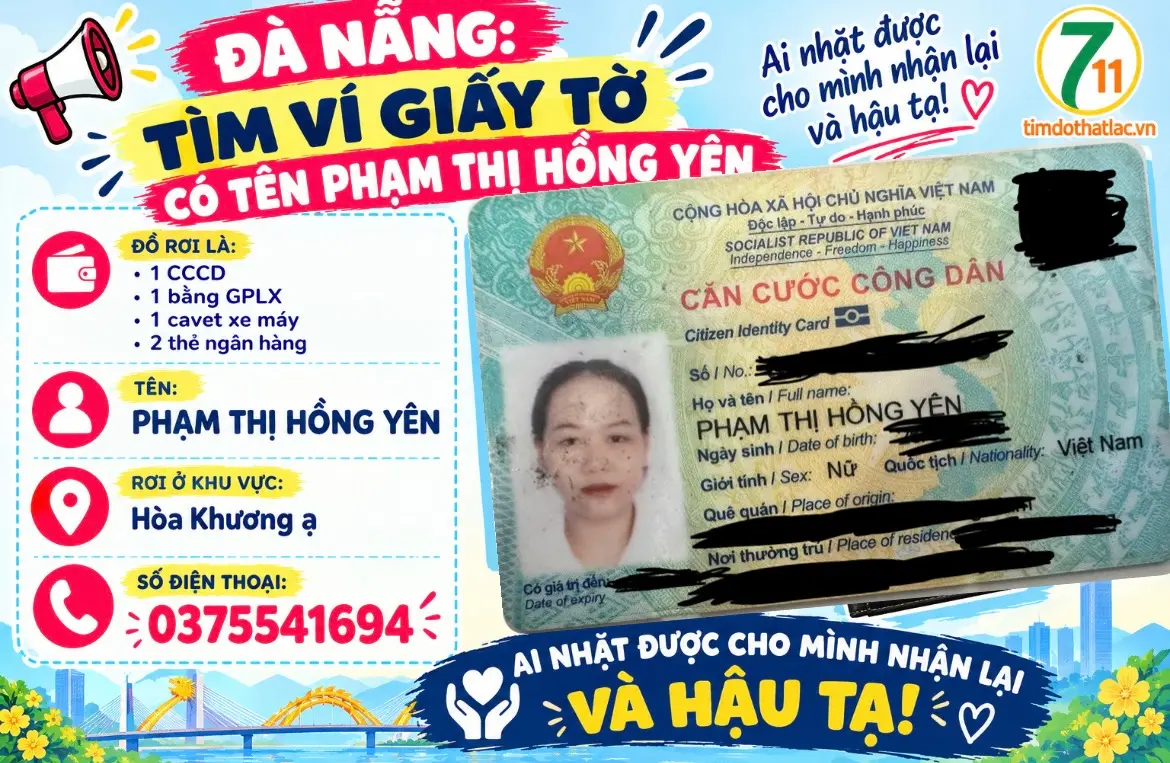 ‼️Đà Nẵng: Tìm ví giấy tờ tên Phạm Thị Hồng Yên