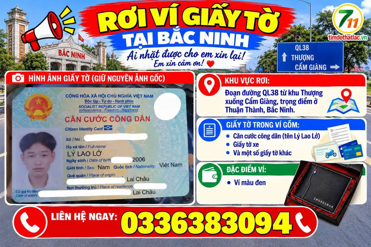 🆘 Rơi ví giấy tờ ở Bắc Ninh tên Lý Lao Lở 2006 quê Lai Châu