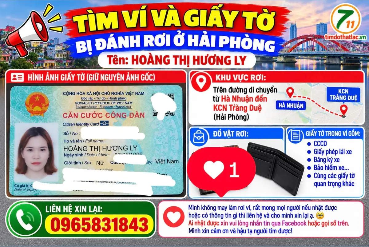 Rơi ví ở Hải Phòng tên Hoàng Thị Hương Ly