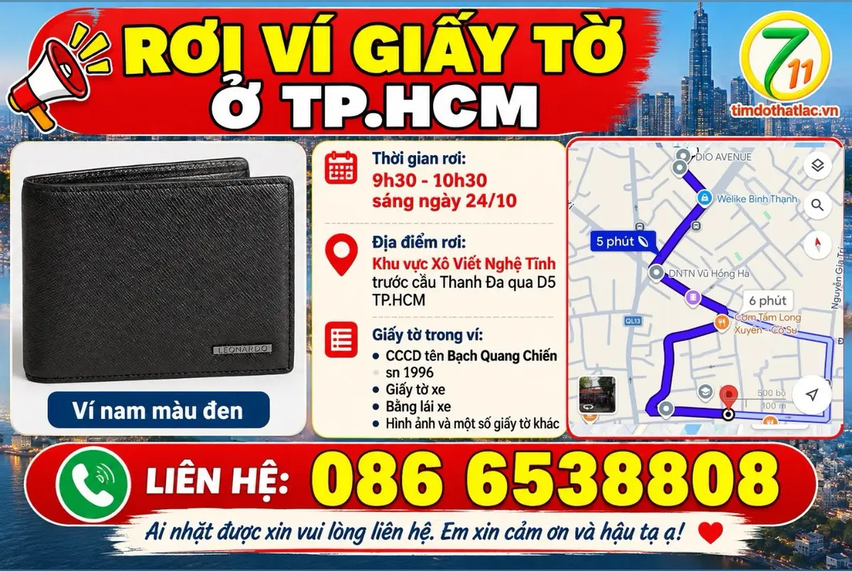 🆘 RƠI VÍ GIẤY TỜ Ở TPHCM TÊN BẠCH QUANG CHIẾN 1996