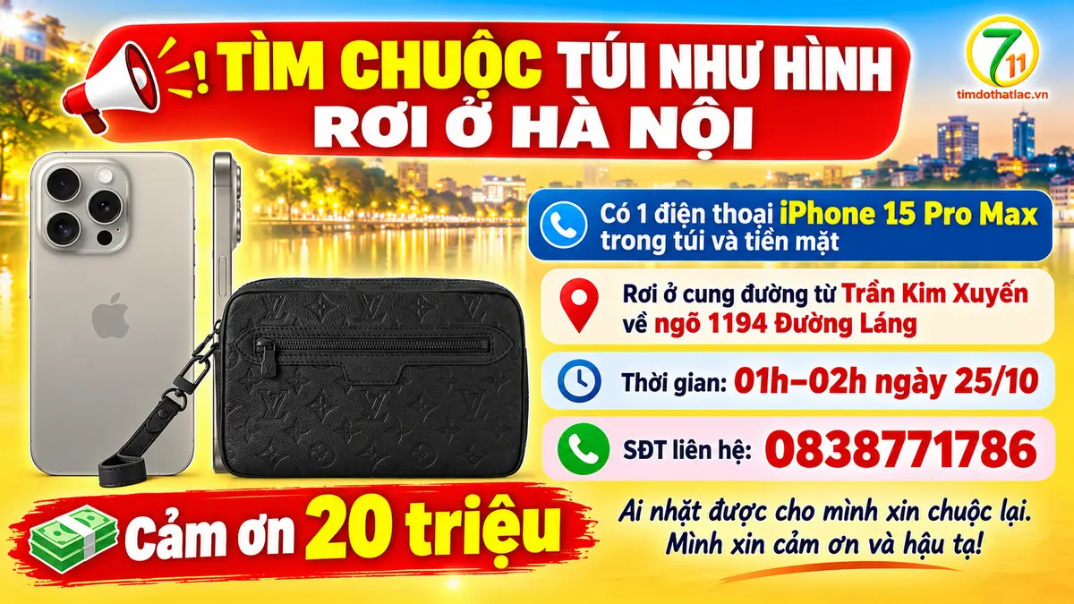 Tìm chuộc túi chứa IPhone 15 promax rơi ở Hà Nội