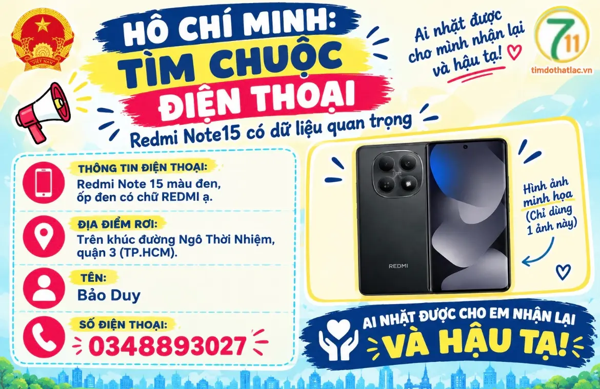 ‼️Hồ Chí Minh: Tìm chuộc điện thoại redmi note15 có dữ liệu quan trọng