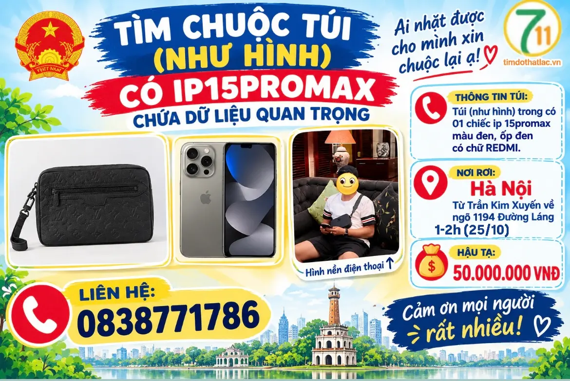 ‼️Hà Nội: Tìm chuộc túi ( như hình) có ip15prm chứa dữ liệu quan trọng